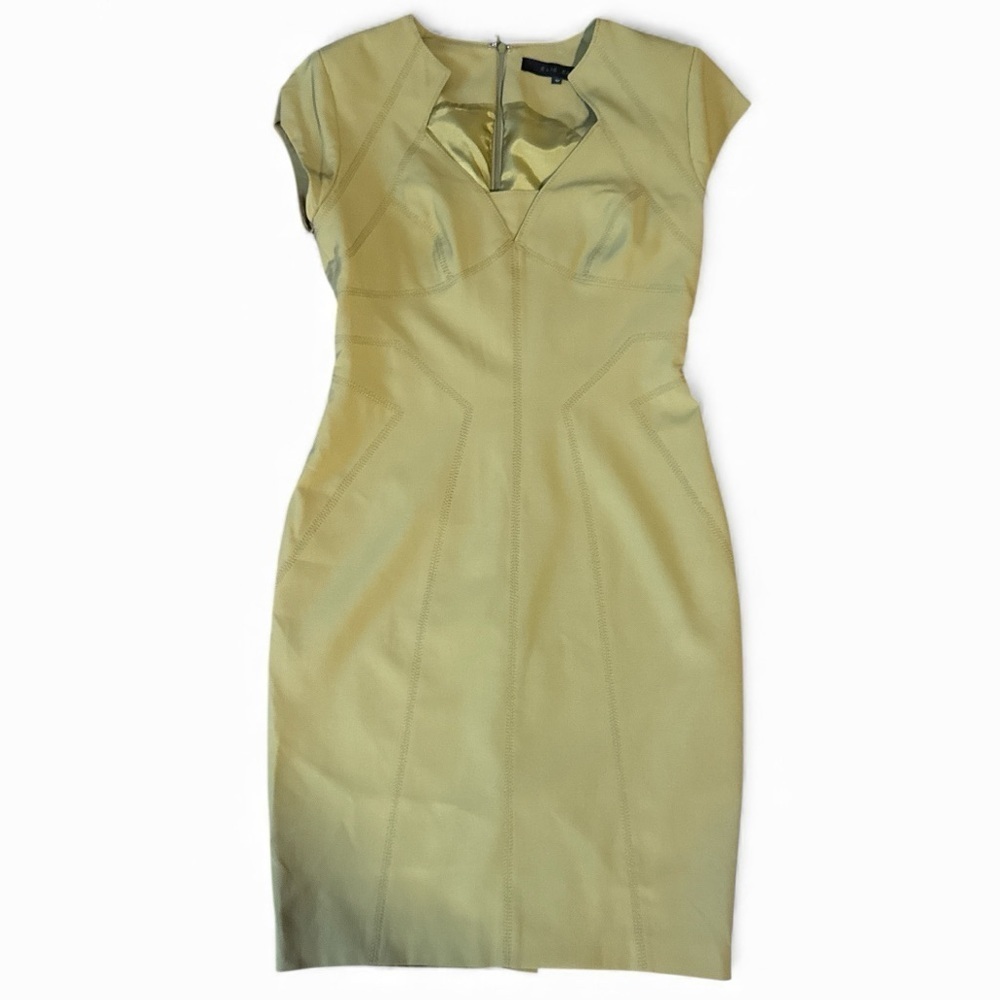 Ellie Saab Cap Sleeve Olive Green Sheath Dress